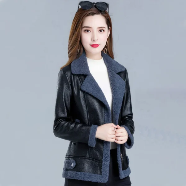 Womens Black Bomber Genuine Sheepskin Sherpa Shearling Faux Fur Lined Winter Warm Fashion Chic Slim Fit Leather Jacket