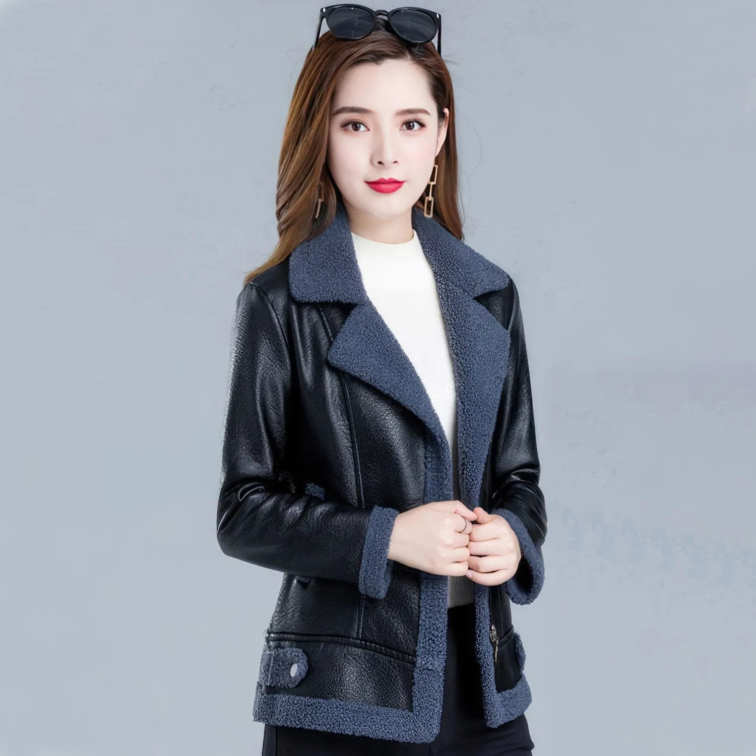 Womens Black Bomber Genuine Sheepskin Sherpa Shearling Faux Fur Lined Winter Warm Fashion Chic Slim Fit Leather Jacket