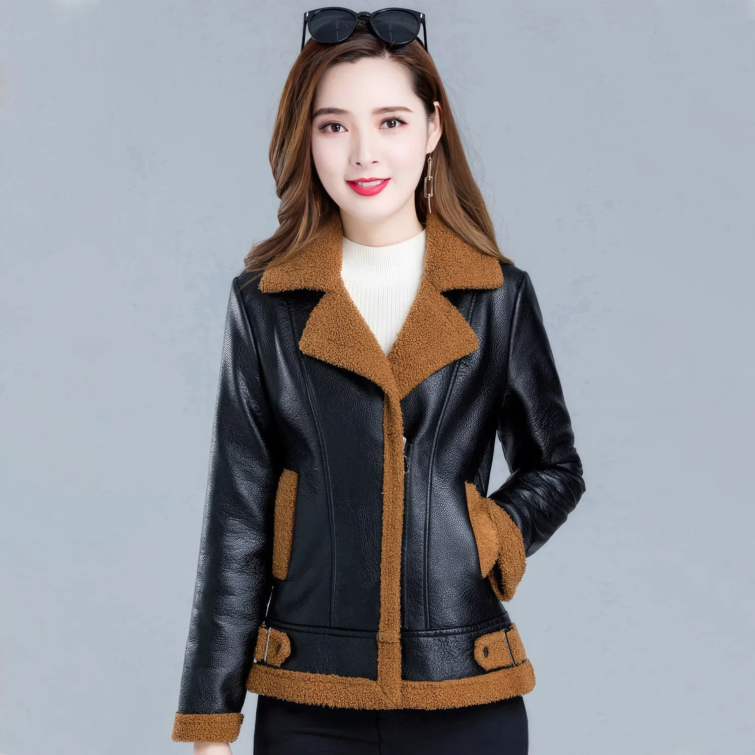 Womens Black Bomber Genuine Sheepskin Sherpa Shearling Faux Fur Lined Winter Warm Fashion Chic Slim Fit Leather Jacket - Image 7
