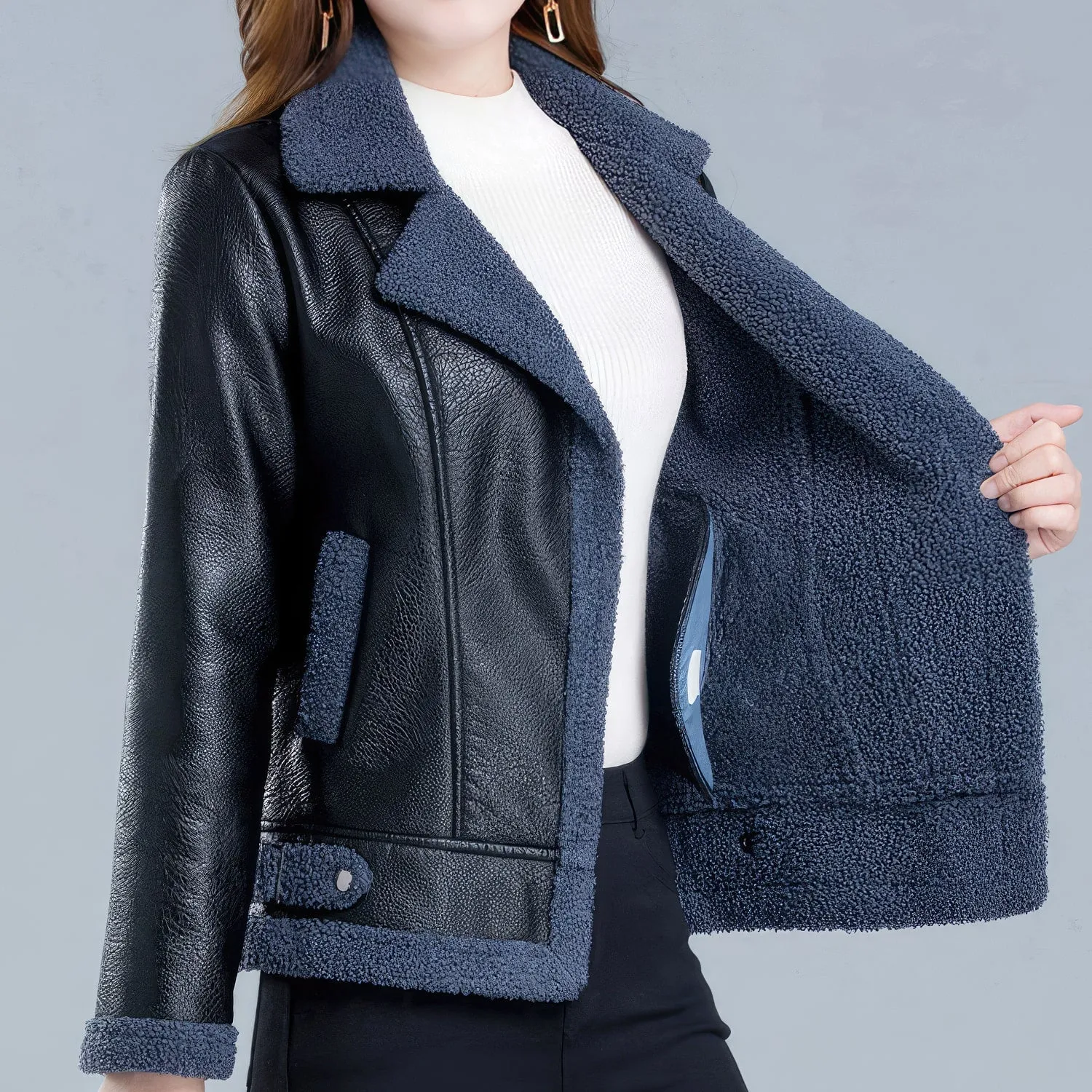 Womens Black Bomber Genuine Sheepskin Sherpa Shearling Faux Fur Lined Winter Warm Fashion Chic Slim Fit Leather Jacket - Image 3