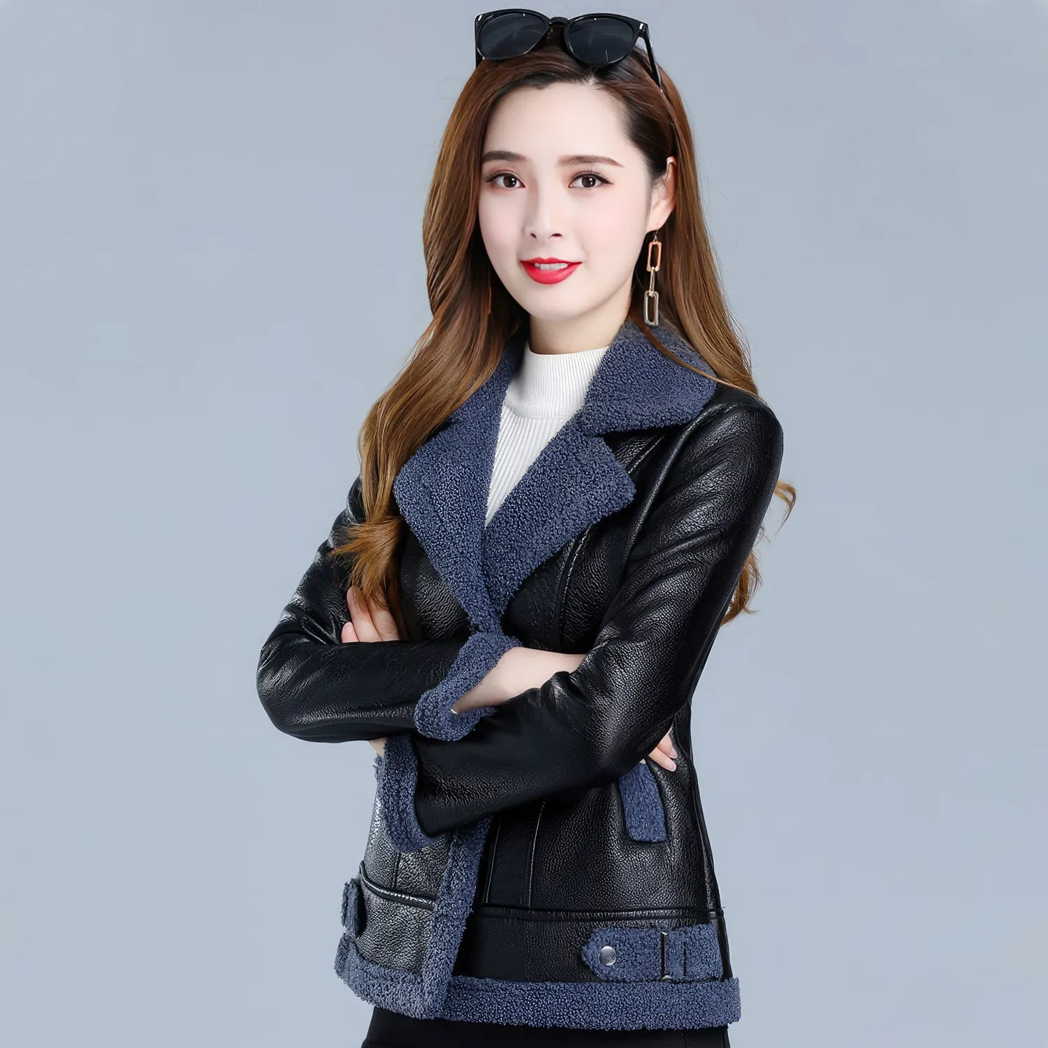 Womens Black Bomber Genuine Sheepskin Sherpa Shearling Faux Fur Lined Winter Warm Fashion Chic Slim Fit Leather Jacket - Image 4