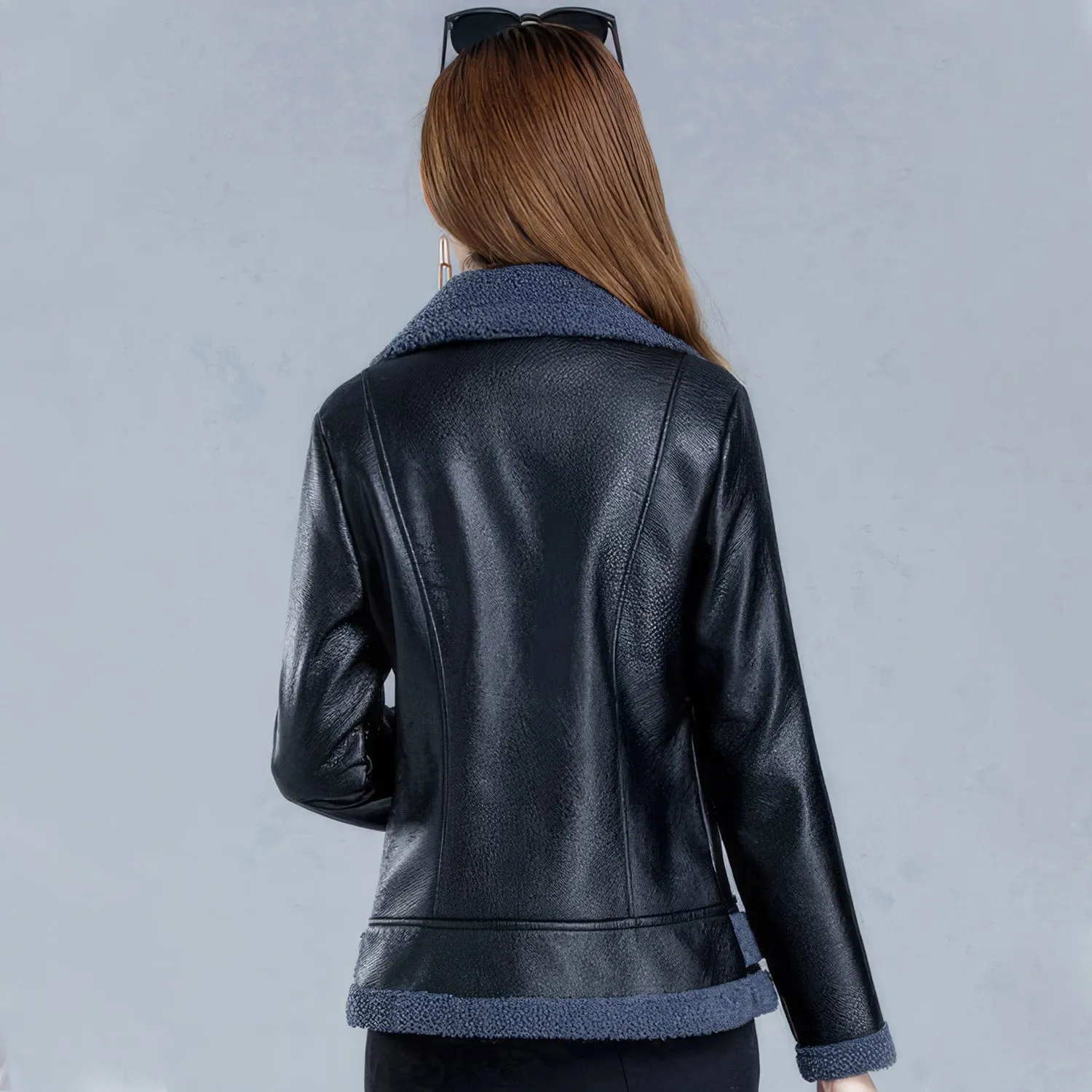 Womens Black Bomber Genuine Sheepskin Sherpa Shearling Faux Fur Lined Winter Warm Fashion Chic Slim Fit Leather Jacket - Image 2