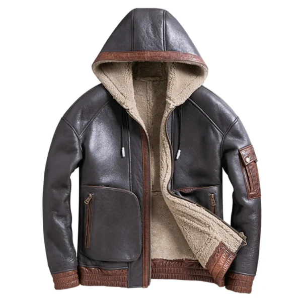Mens Brown Bomber Winter Warm Genuine Sheepskin Faux Fur Lined Drawstring Hooded Smooth Streetwear Leather Jacket Coat