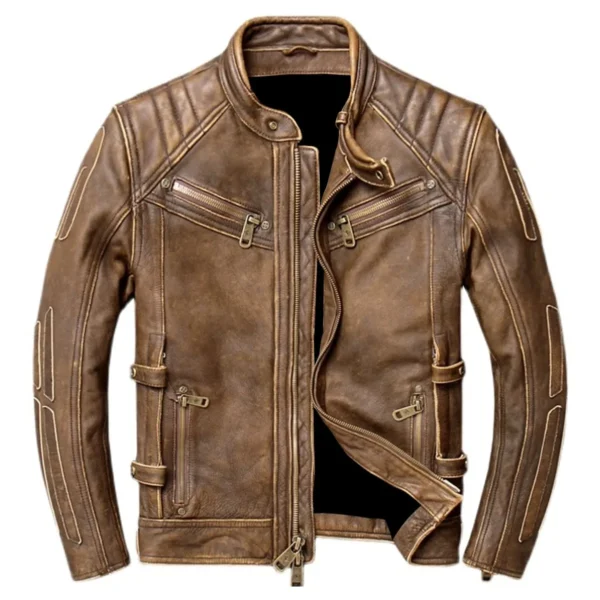 Mens Vintage Brown Cowhide Genuine Stand Collar Trucker Motorcycle Biker Leather Jacket