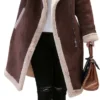Womens Brown Genuine Suede Sherpa Shearling Faux Fur Lined Winter Warm Thick Double Breasted Long Leather Coat