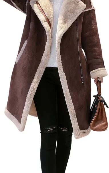 Womens Brown Genuine Suede Sherpa Shearling Faux Fur Lined Winter Warm Thick Double Breasted Long Leather Coat