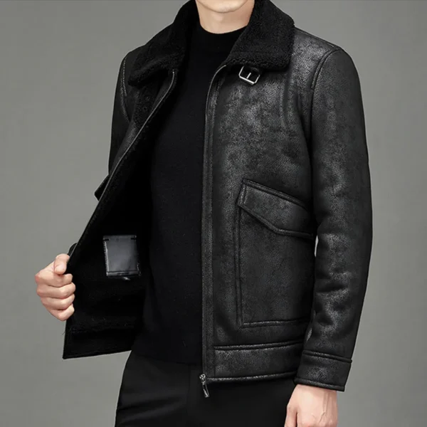 Mens Vintage Distressed Black Genuine Sheepskin Sherpa Shearling Faux Fur Lined Turn-Down Collar Fashionable Streetwear Winter Warm Leather Jacket
