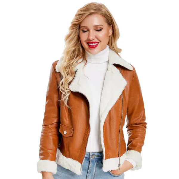 Womens Brown Biker Genuine Sheepskin Sherpa Shearling Faux Fur Moto Café Racer Asymmetric Bomber Leather Jacket