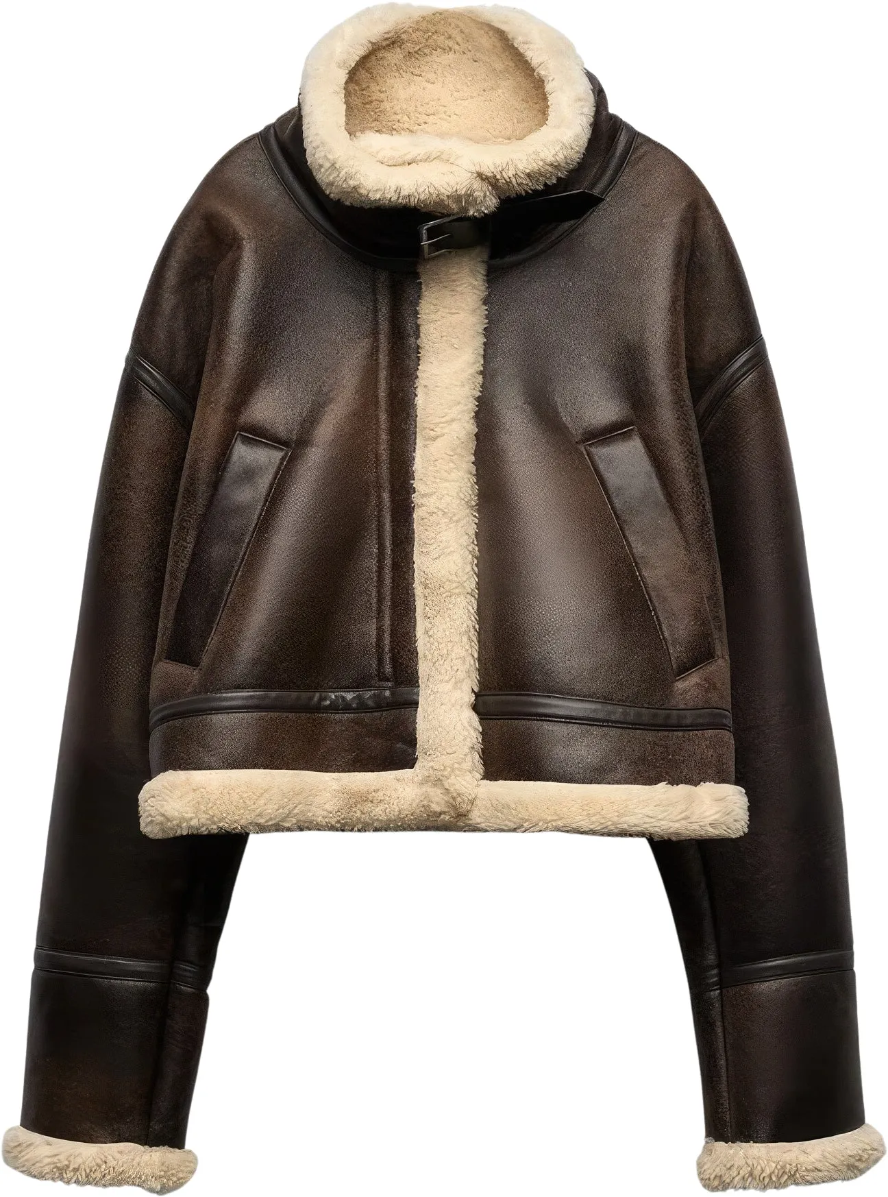 Womens Distressed Brown Genuine Lambskin Sherpa Shearling Faux Fur Lined Moto Biker Fashion Winter Thick Bomber Leather Jacket - Image 4