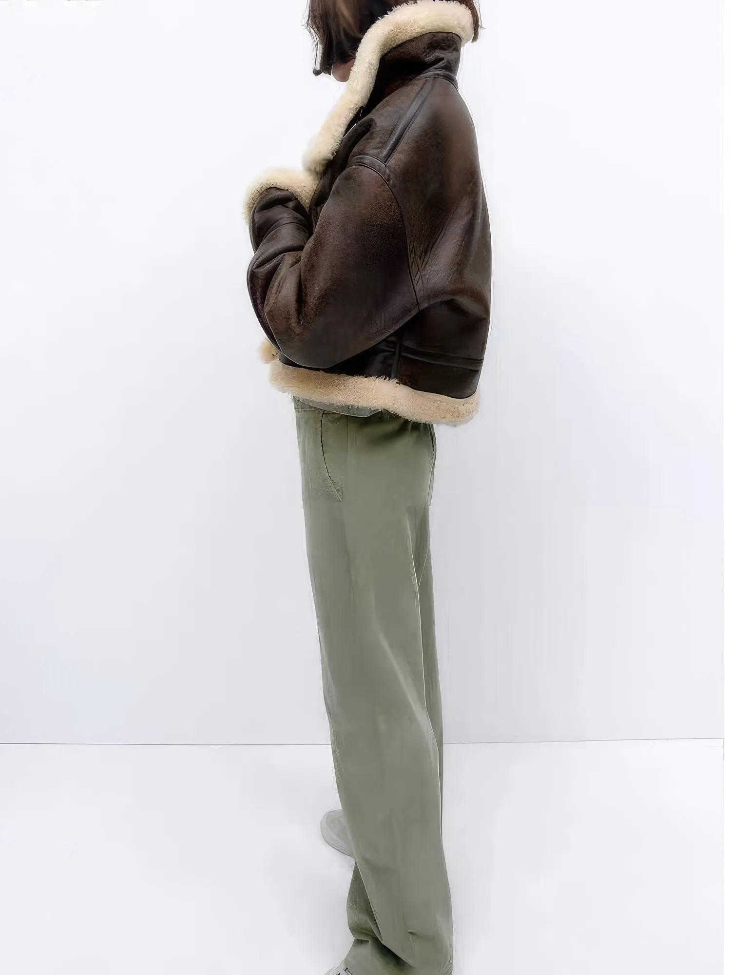 Womens Distressed Brown Genuine Lambskin Sherpa Shearling Faux Fur Lined Moto Biker Fashion Winter Thick Bomber Leather Jacket - Image 2