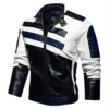 Mens Black Biker PU CafÃ© Racer Stand Collar Striped Black Blue White Toned Outfit Moto Rider Zip-Up Casual Classic Streetwear Slim Fit Faux Leather Jacket