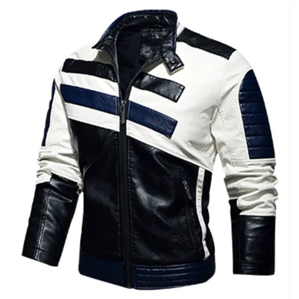 Mens Black Biker PU CafÃ© Racer Stand Collar Striped Black Blue White Toned Outfit Moto Rider Zip-Up Casual Classic Streetwear Slim Fit Faux Leather Jacket