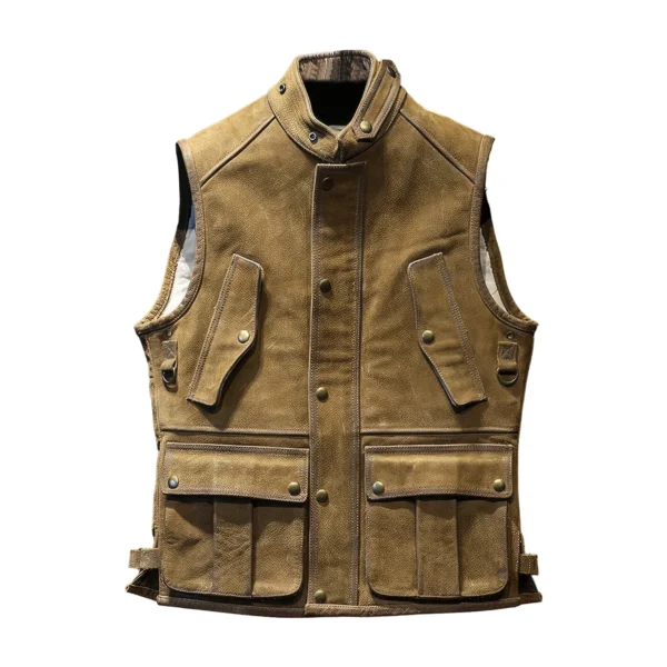 Mens Brown Genuine Cowhide Stand Collar Vest Motorcycle Biker Sleeveless Classic Retro Rock Hunter Multi Pockets Leather Waistcoat