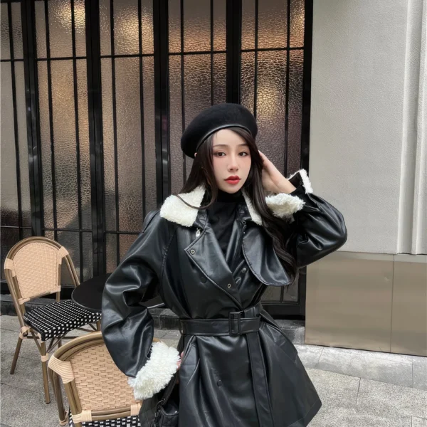 Womens Black Genuine Lambskin Sherpa Shearling Faux Fur Collar Warm Casual Oversized Streetwear Leather Trench Coat