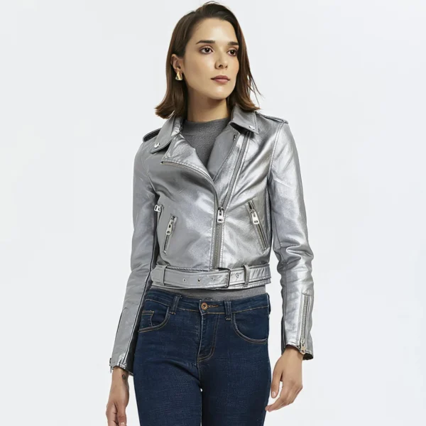 Womens Silver Biker Genuine Sheepskin Lapel Collar Rivet Asymmetric Zip-Up Motorcycle Racer Belted Slim Fit Leather Jacket
