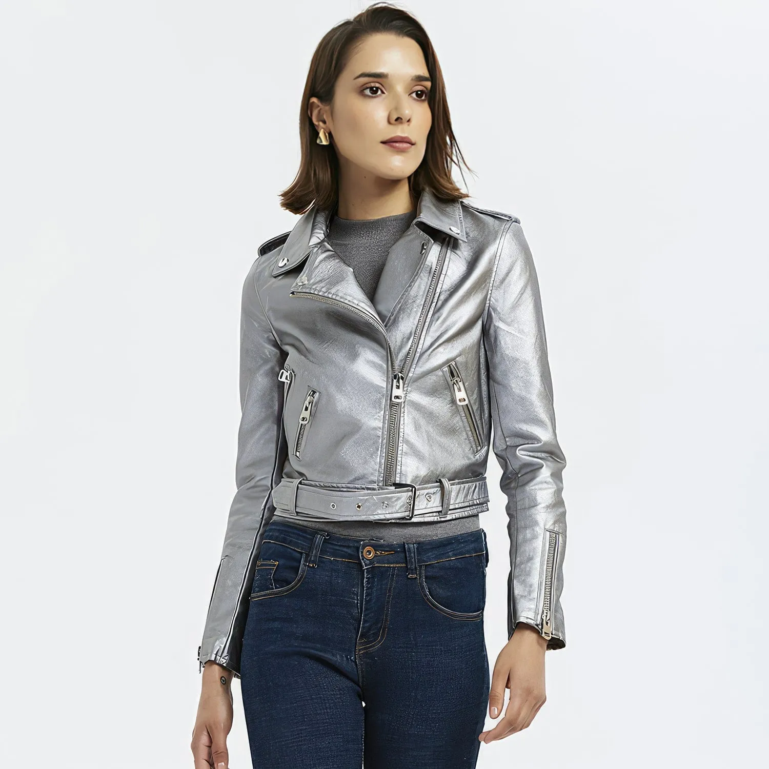 Womens Silver Biker Genuine Sheepskin Lapel Collar Rivet Asymmetric Zip-Up Motorcycle Racer Belted Slim Fit Leather Jacket