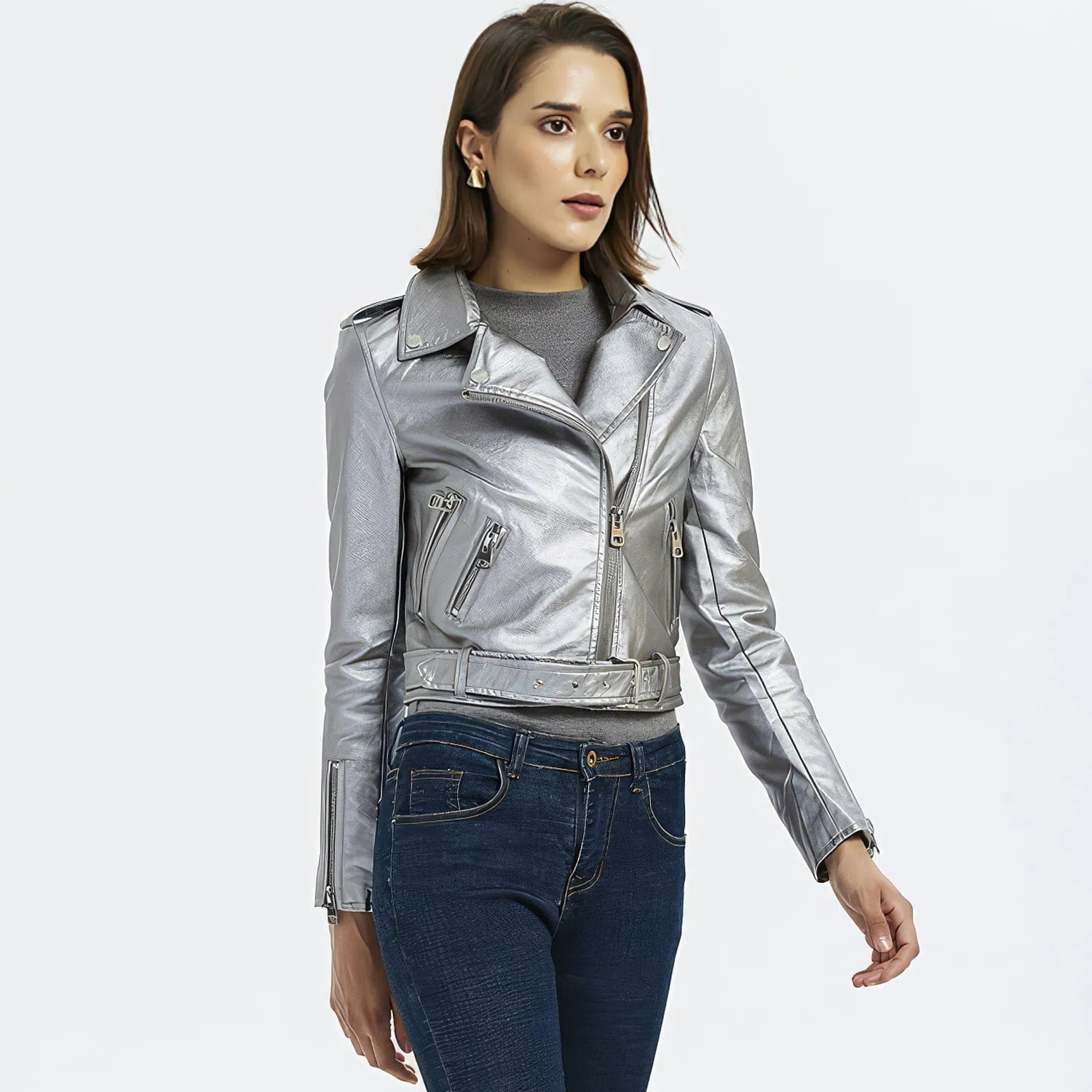 Womens Silver Biker Genuine Sheepskin Lapel Collar Rivet Asymmetric Zip-Up Motorcycle Racer Belted Slim Fit Leather Jacket - Image 2