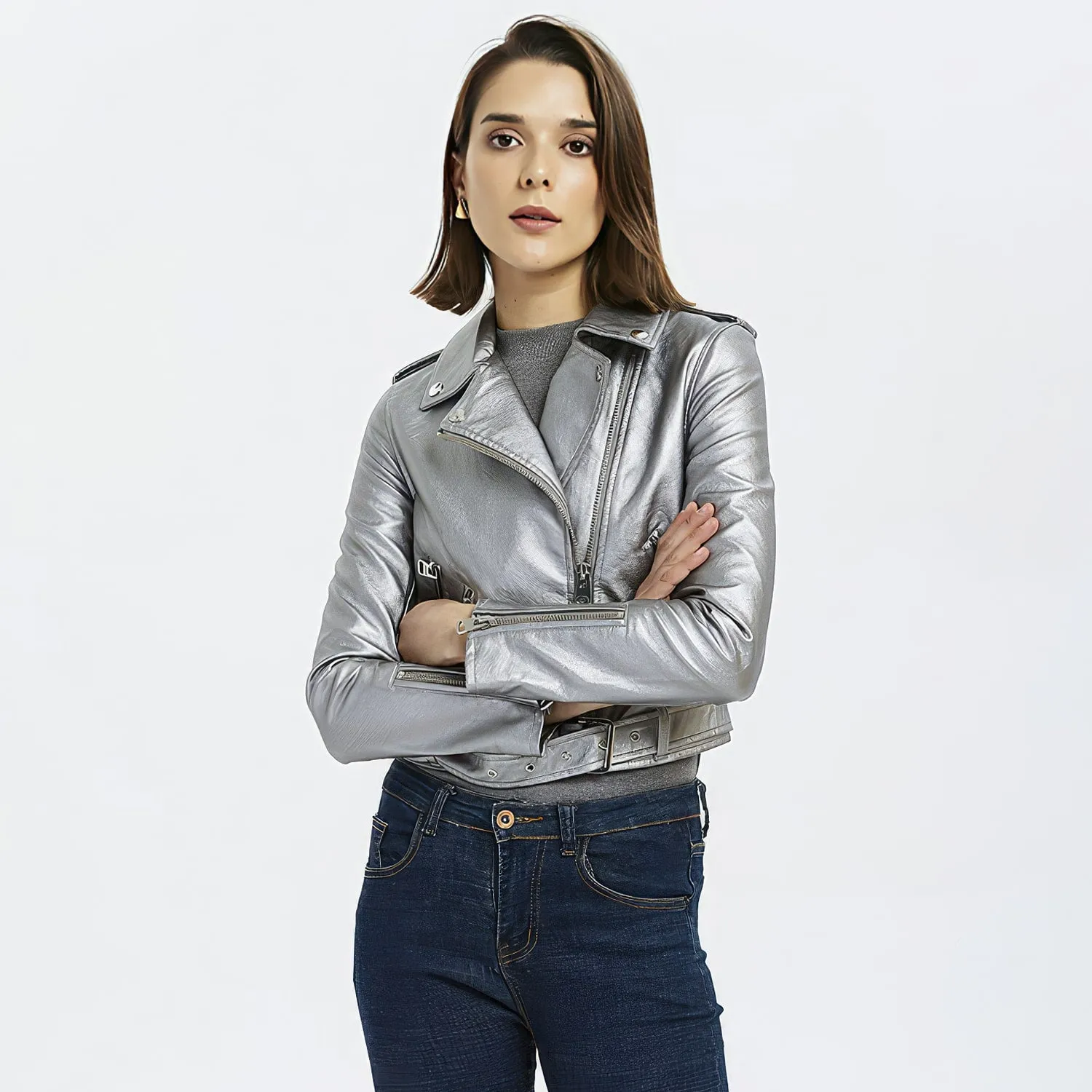 Womens Silver Biker Genuine Sheepskin Lapel Collar Rivet Asymmetric Zip-Up Motorcycle Racer Belted Slim Fit Leather Jacket - Image 3