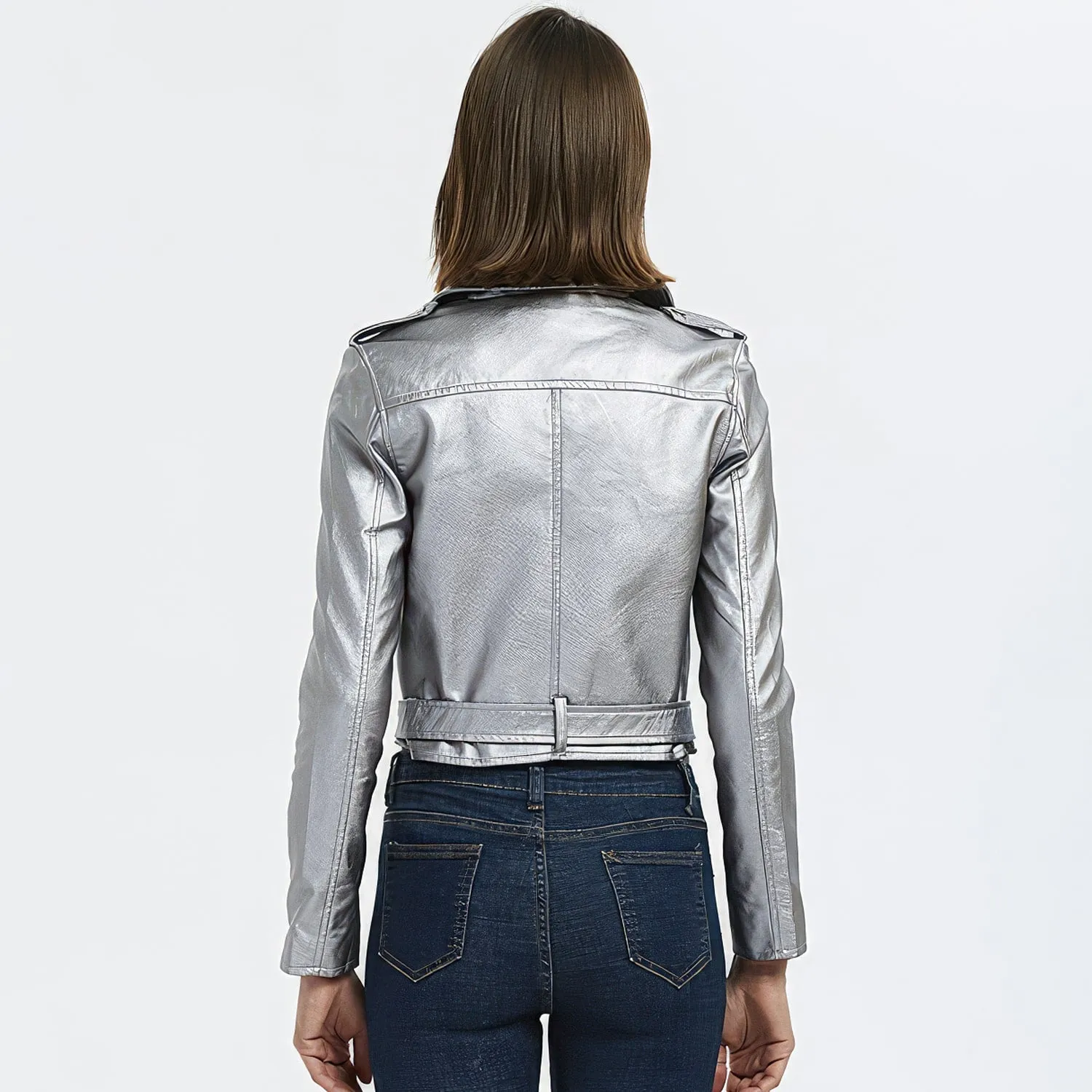 Womens Silver Biker Genuine Sheepskin Lapel Collar Rivet Asymmetric Zip-Up Motorcycle Racer Belted Slim Fit Leather Jacket - Image 6