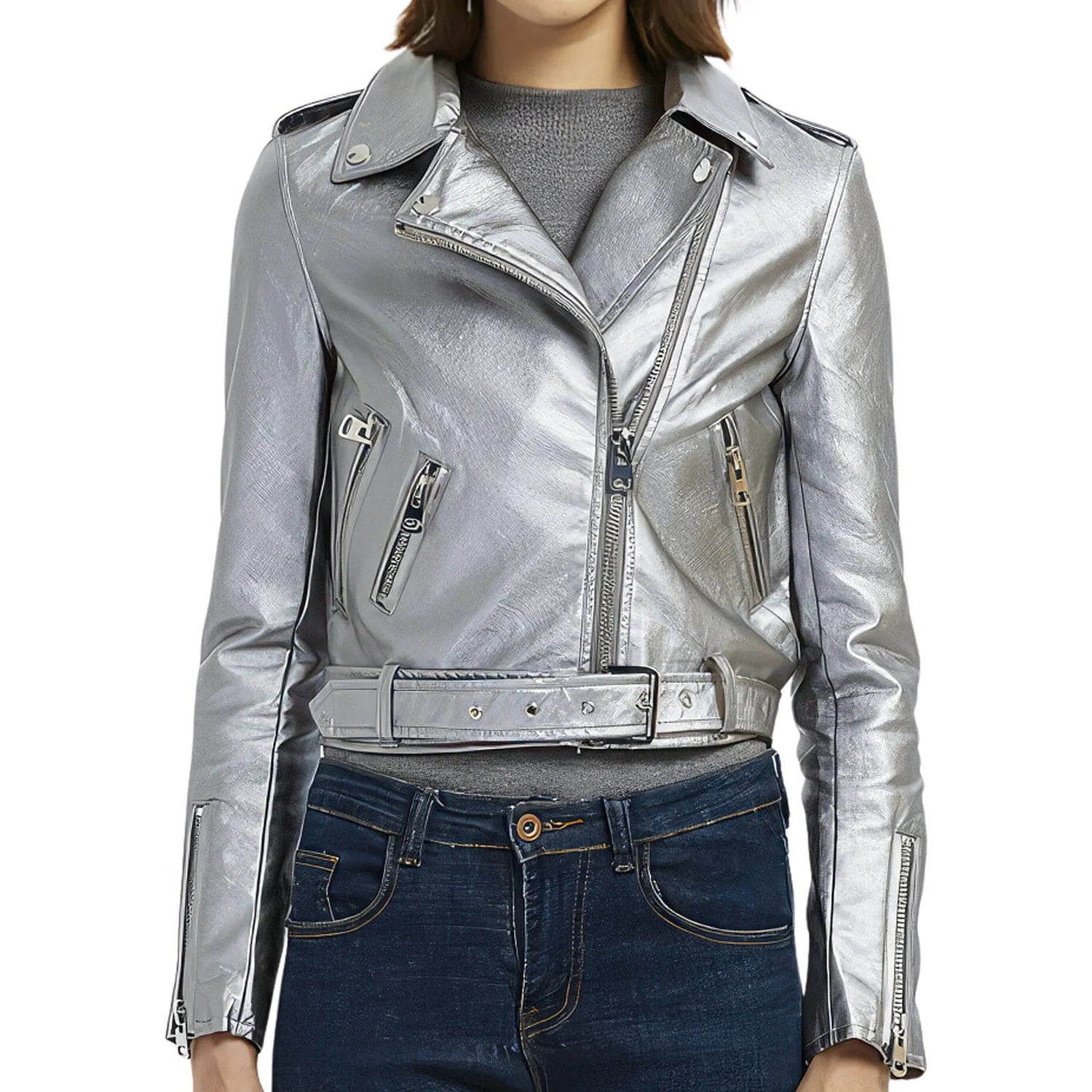 Womens Silver Biker Genuine Sheepskin Lapel Collar Rivet Asymmetric Zip-Up Motorcycle Racer Belted Slim Fit Leather Jacket - Image 4