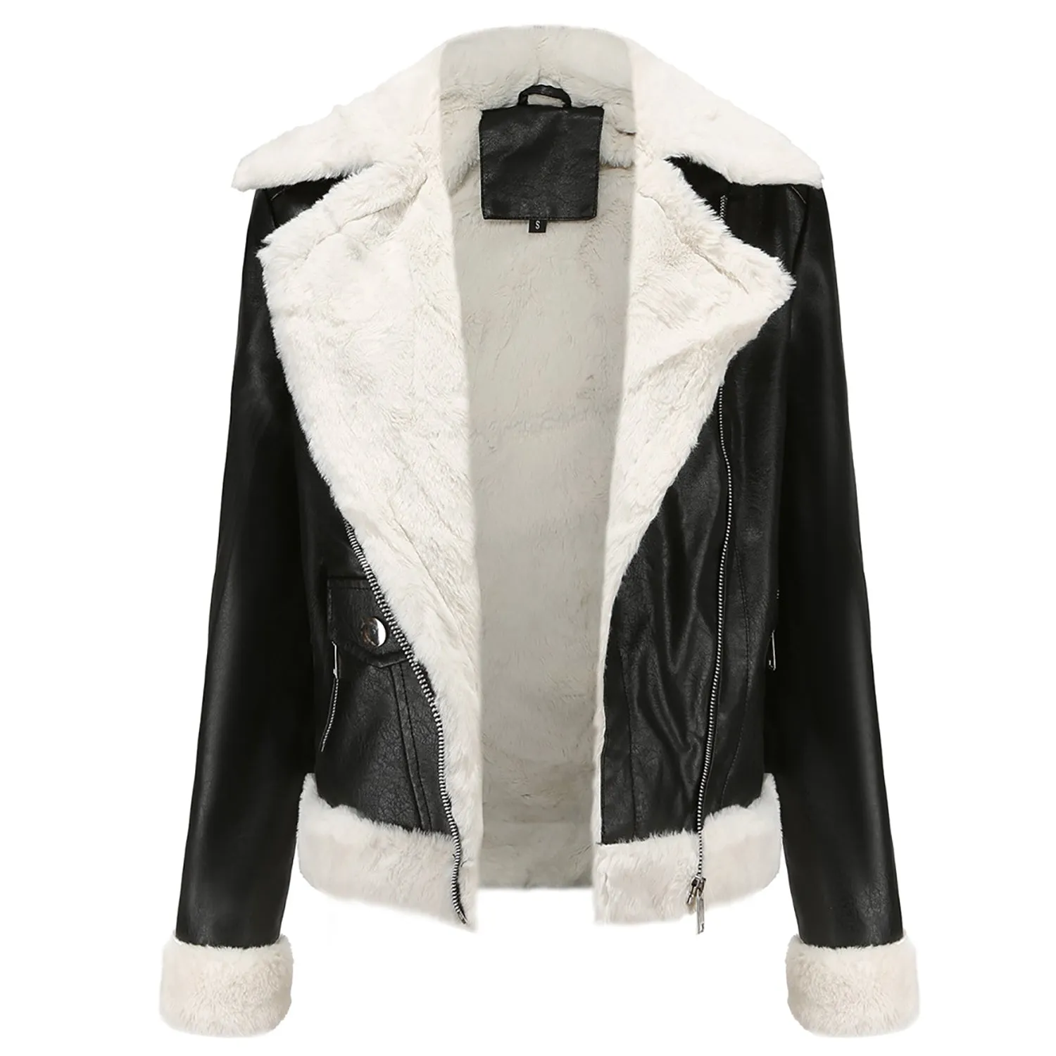 Womens Black Biker Genuine Sheepskin Sherpa Shearling Faux Fur Moto Café Racer Asymmetric Bomber Leather Jacket - Image 6