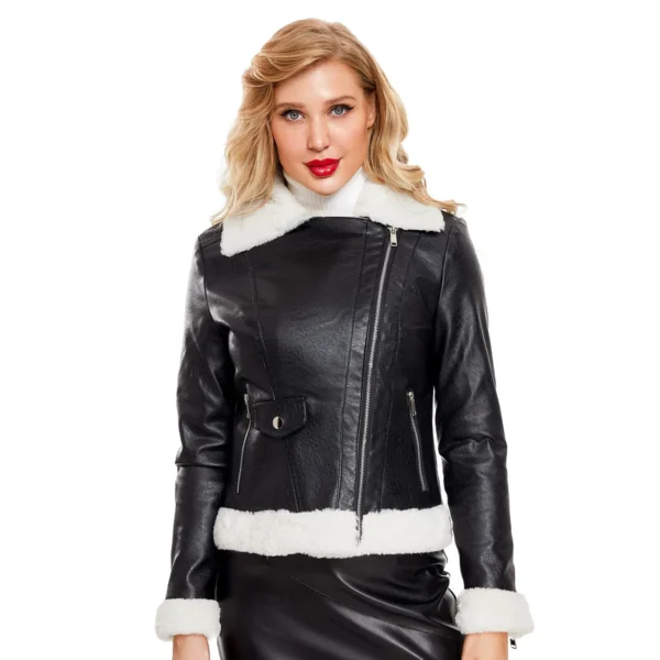 Womens Black Biker Genuine Sheepskin Sherpa Shearling Faux Fur Moto Café Racer Asymmetric Bomber Leather Jacket