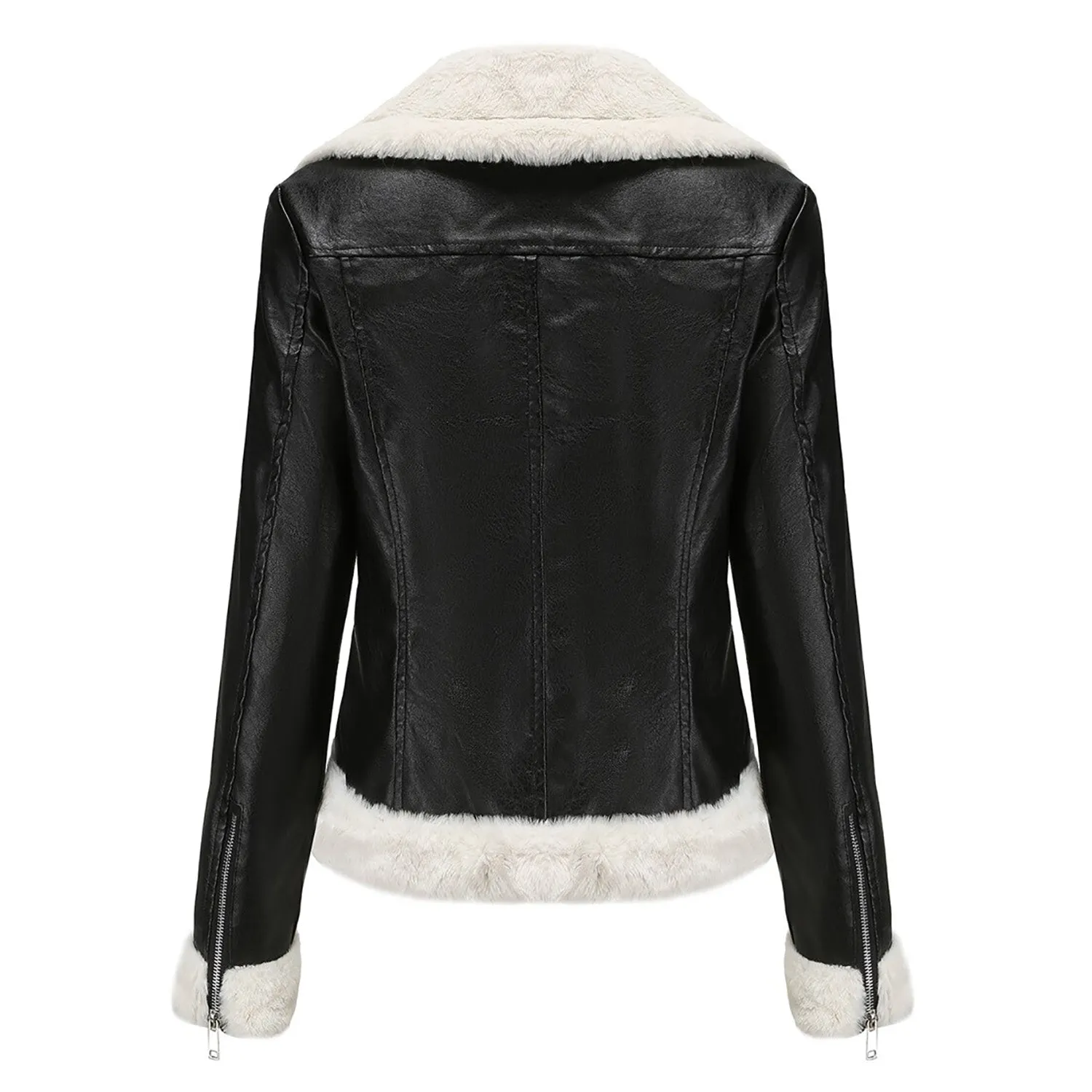 Womens Black Biker Genuine Sheepskin Sherpa Shearling Faux Fur Moto Café Racer Asymmetric Bomber Leather Jacket - Image 7