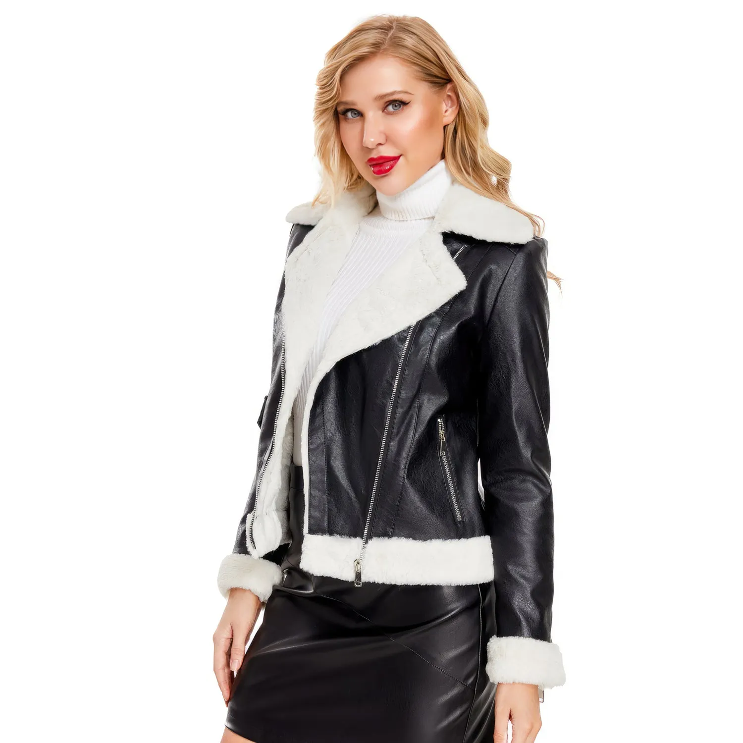 Womens Black Biker Genuine Sheepskin Sherpa Shearling Faux Fur Moto Café Racer Asymmetric Bomber Leather Jacket - Image 4