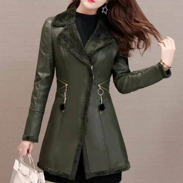 Womens Green Genuine Sheepskin Lapel Collar Sherpa Shearling Faux Fur Lined Thick Warm Casual Classic Single Breasted Trench Style Leather Coat Jacket