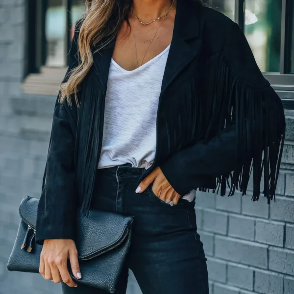 Womens Black Genuine Suede Tassel Lapel Long Sleeve Motor Biker Native American Vintage Cropped Leather Jacket