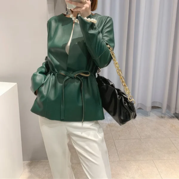 Womens Green Genuine Sheepskin Round Neck Casual European Streetwear Top Fashion Pleated Simple Classic Leather Coat