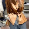 Womens Sepia Brown Genuine Sheepskin Round Neck Casual European Streetwear Top Fashion Pleated Simple Classic Leather Coat