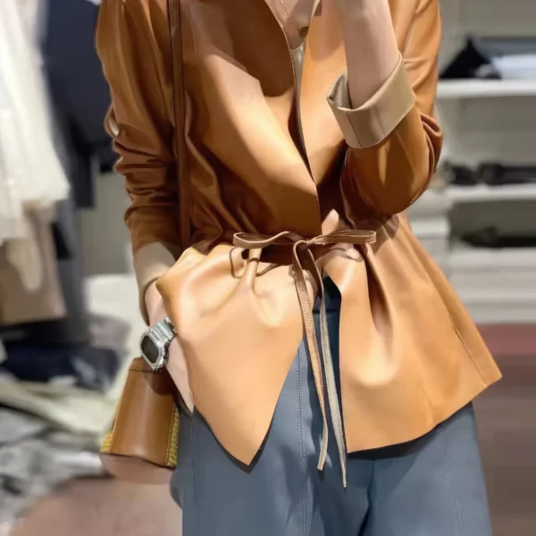 Womens Sepia Brown Genuine Sheepskin Round Neck Casual European Streetwear Top Fashion Pleated Simple Classic Leather Coat