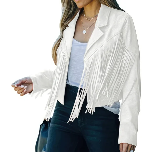 Womens White Genuine Suede Tassel Lapel Long Sleeve Motor Biker Native American Vintage Cropped Leather Jacket