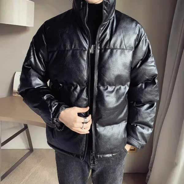 Mens Black Genuine Sheepskin Stand Collar Winter Warm Casual Baggy Style Padded Puffer Leather Jacket