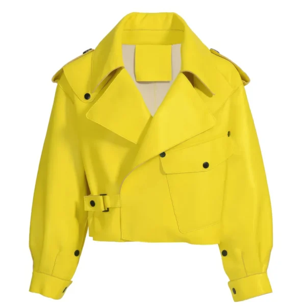 Womens Yellow Biker Genuine Sheepskin Lapel Collar Casual Loose Oversized High Street CafÃ© Racer Rider Smooth Lightweight Leather Jacket