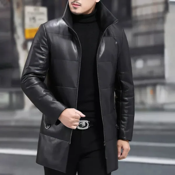 Mens Black Genuine Sheepskin Detachable Sherpa Shearling Faux Fur Lined Business Thick Warm Slim Fit Padded Leather Puffer Jacket