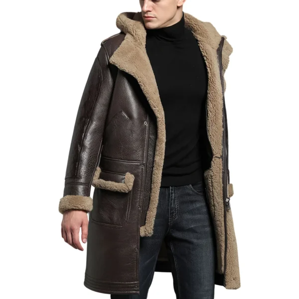 Mens Brown Genuine Sheepskin Sherpa Shearling Faux Fur Lines Hooded Winter Warm Thick Retro Uniform Military Leather Coat