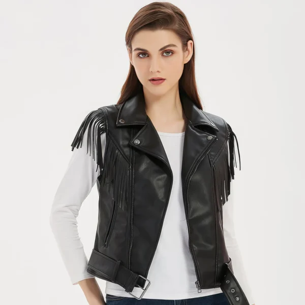 Womens Black Genuine Sheepskin Vest Tassels Sleeveless Sporty Moto Rider Mid-Western Slim Fit Fringe Leather Waistcoat