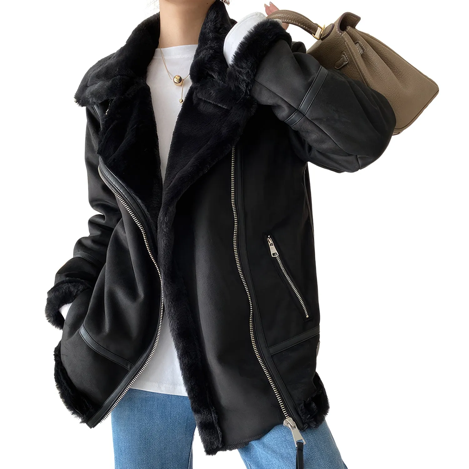 Womens Black Genuine Suede Sherpa Shearling Faux Fur Lined High Street Moto Biker Winter Warn Thick Loose Leather Jacket