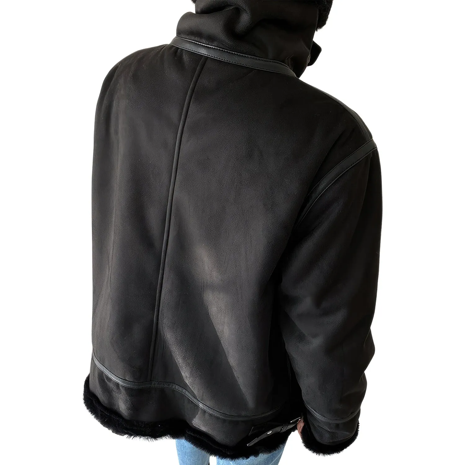 Womens Black Genuine Suede Sherpa Shearling Faux Fur Lined High Street Moto Biker Winter Warn Thick Loose Leather Jacket - Image 2