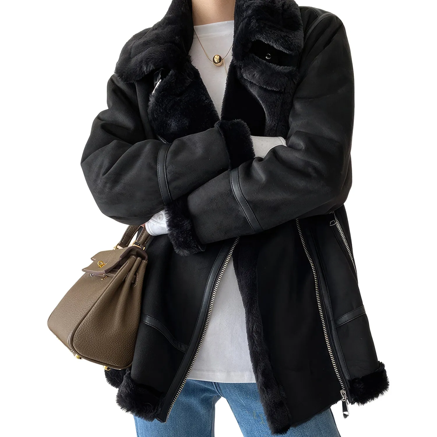 Womens Black Genuine Suede Sherpa Shearling Faux Fur Lined High Street Moto Biker Winter Warn Thick Loose Leather Jacket - Image 3