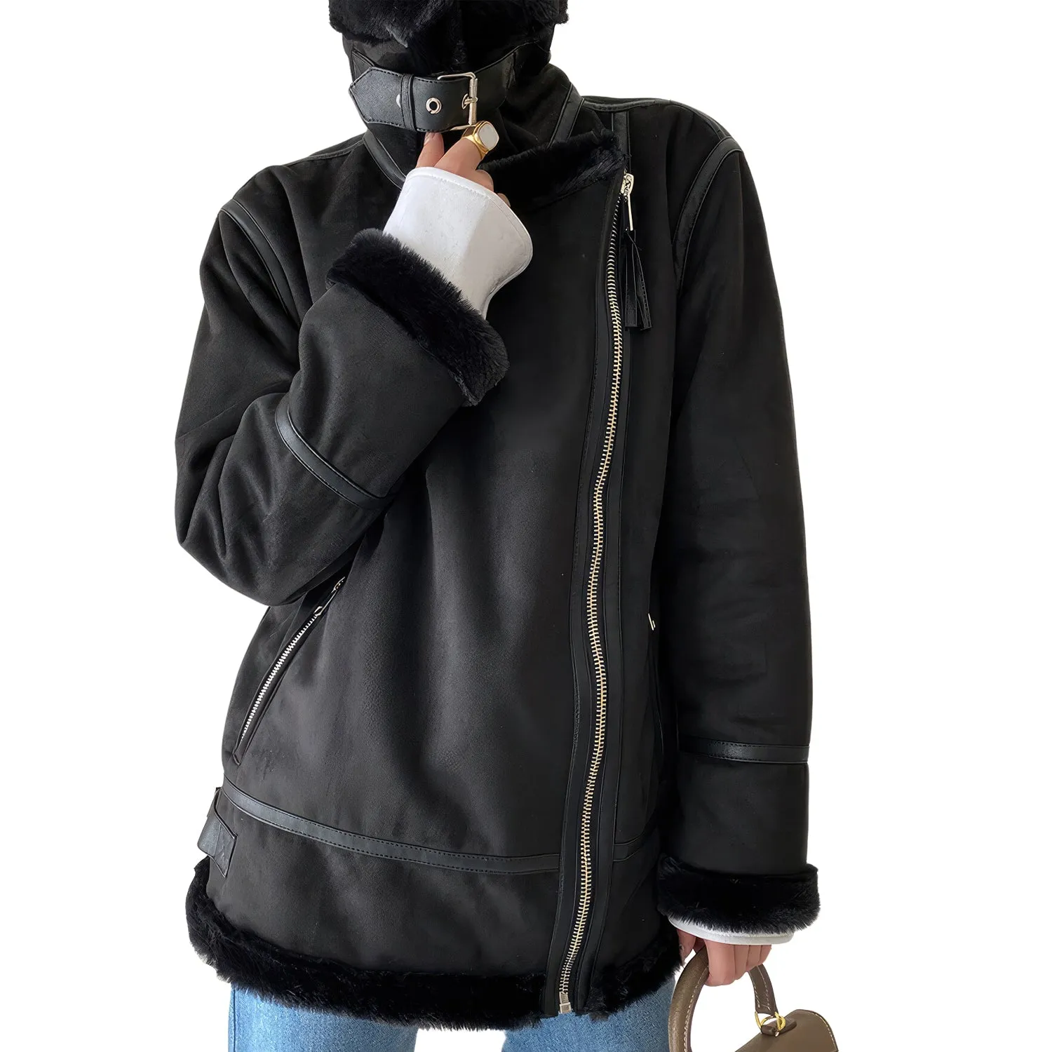 Womens Black Genuine Suede Sherpa Shearling Faux Fur Lined High Street Moto Biker Winter Warn Thick Loose Leather Jacket - Image 4