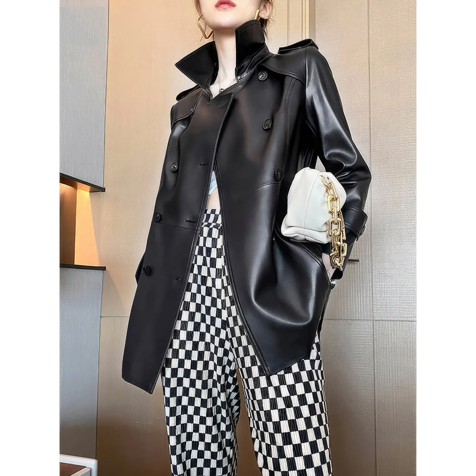 Womens Black Genuine Sheepskin Double Breasted British Style Smooth Office Outfit Fashionable Belted Leather Trench Coat