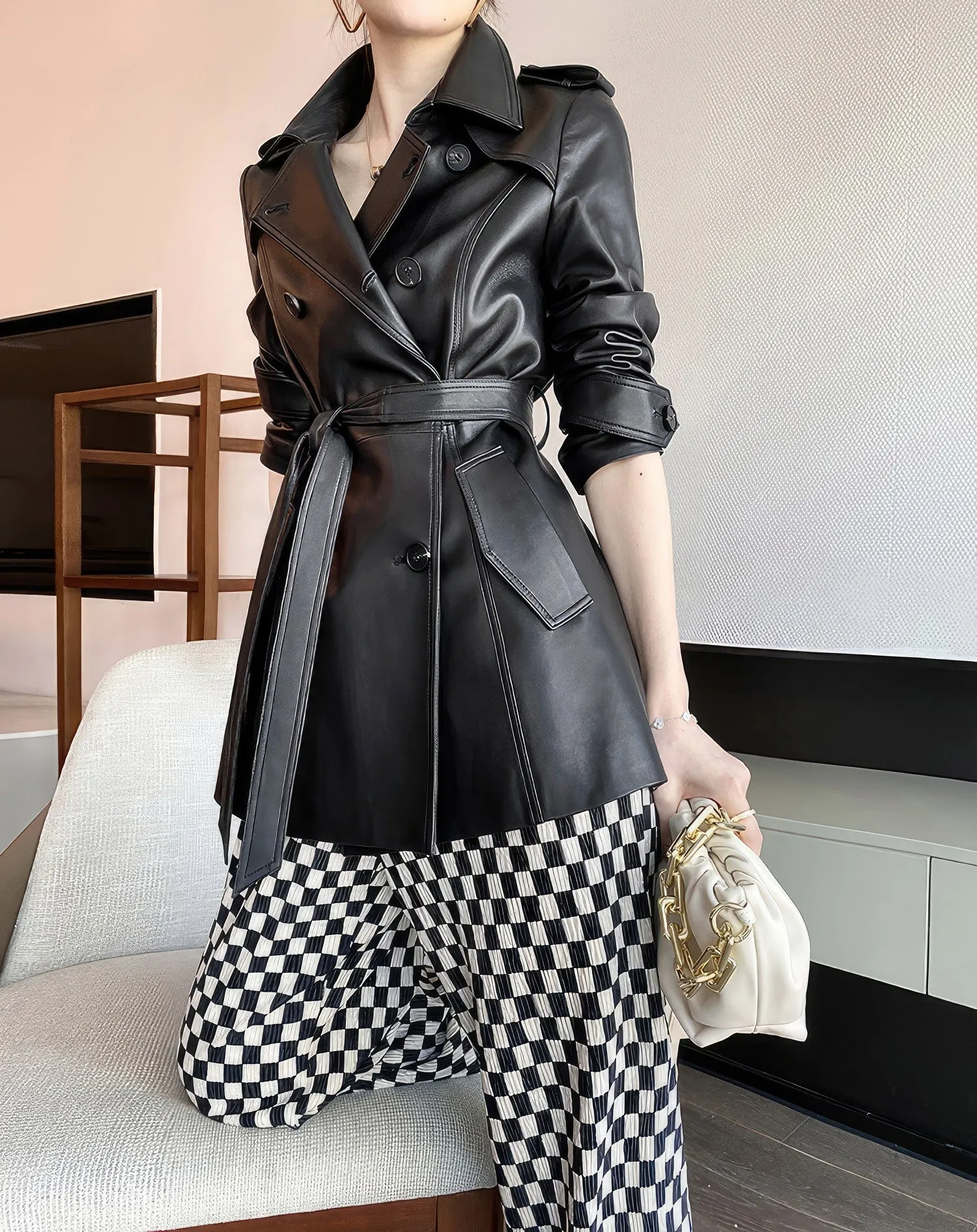 Womens Black Genuine Sheepskin Double Breasted British Style Smooth Office Outfit Fashionable Belted Leather Trench Coat - Image 2