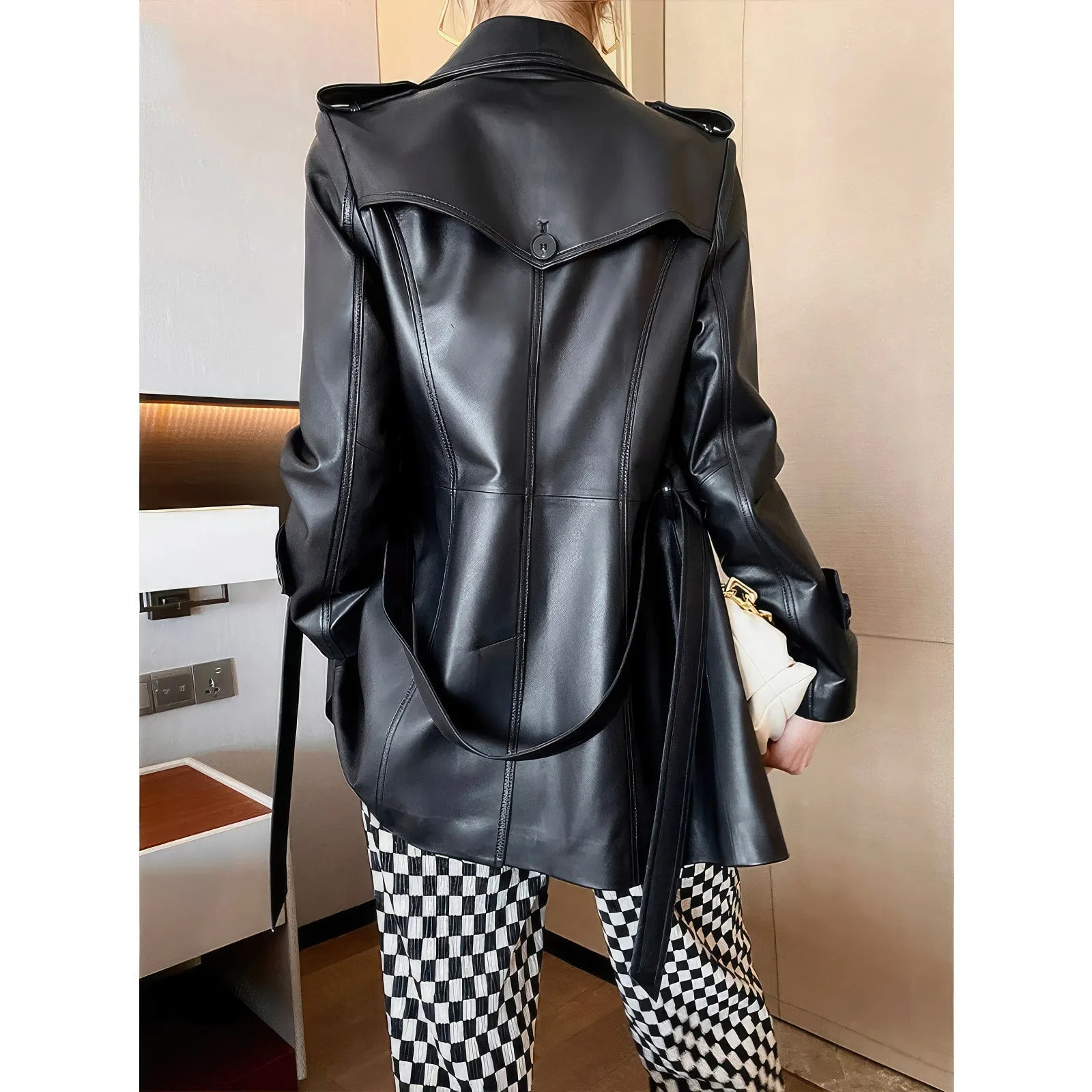 Womens Black Genuine Sheepskin Double Breasted British Style Smooth Office Outfit Fashionable Belted Leather Trench Coat - Image 4