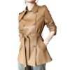 Womens Coffee Brown Genuine Sheepskin Lapel Collar Business Fashion Double Breasted Belted Leather Trench Coat