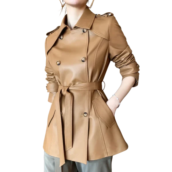 Womens Coffee Brown Genuine Sheepskin Lapel Collar Business Fashion Double Breasted Belted Leather Trench Coat