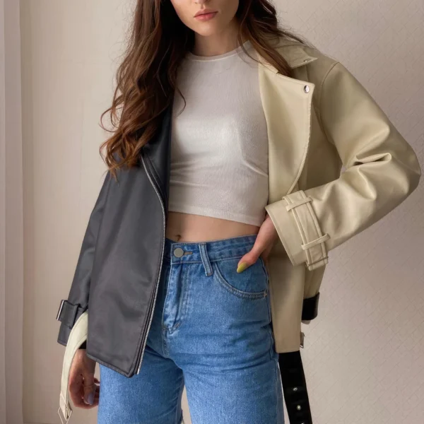 Womens Black & Beige Genuine Sheepskin Lapel Collar Moto Biker Casual Classic Loose Oversized CafÃ© Racer Asymmetric Leather Jacket