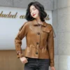 Womens Brown Genuine Sheepskin Shirt Collar Classic Fashionable Slim Fit Drawstring Streetwear Casual Leather Jacket